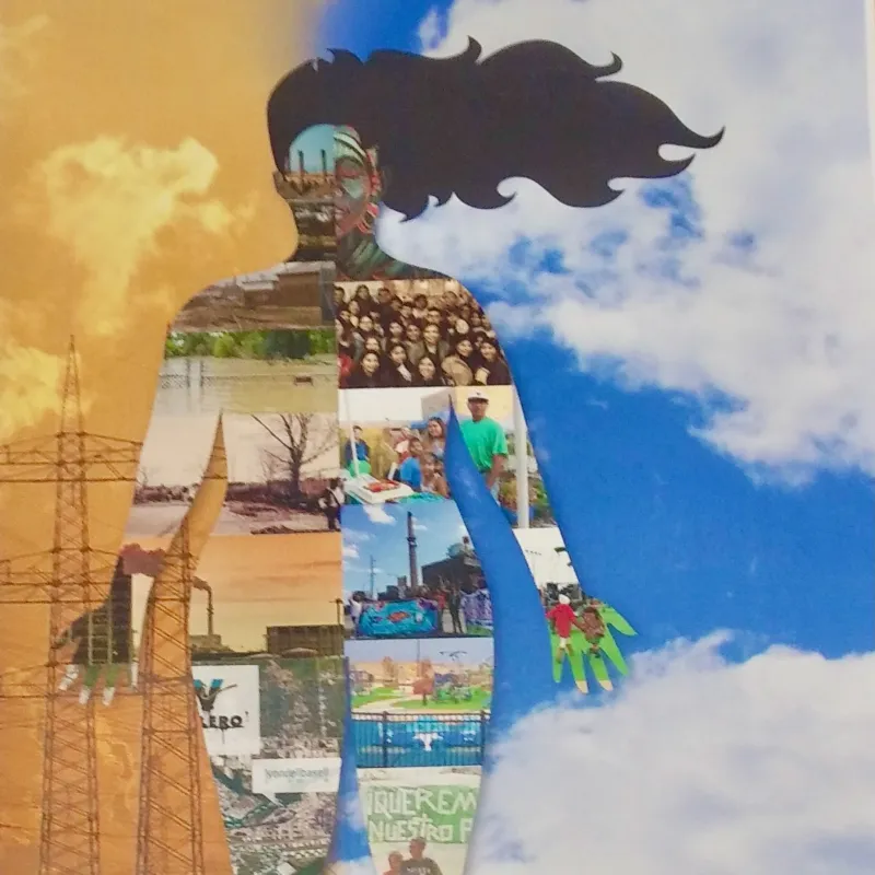 art collage with split images filling the background and the form of a woman with pollution on the left and health environment on the right