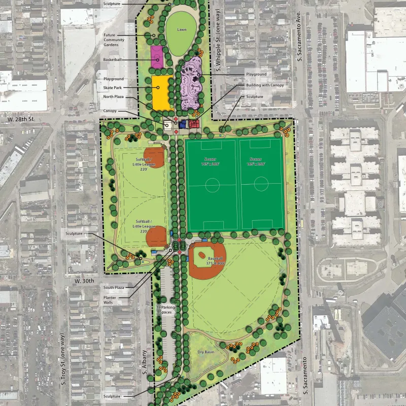 a plan for park 553 shows sport fields, walkways, and landscaping, and other structures
